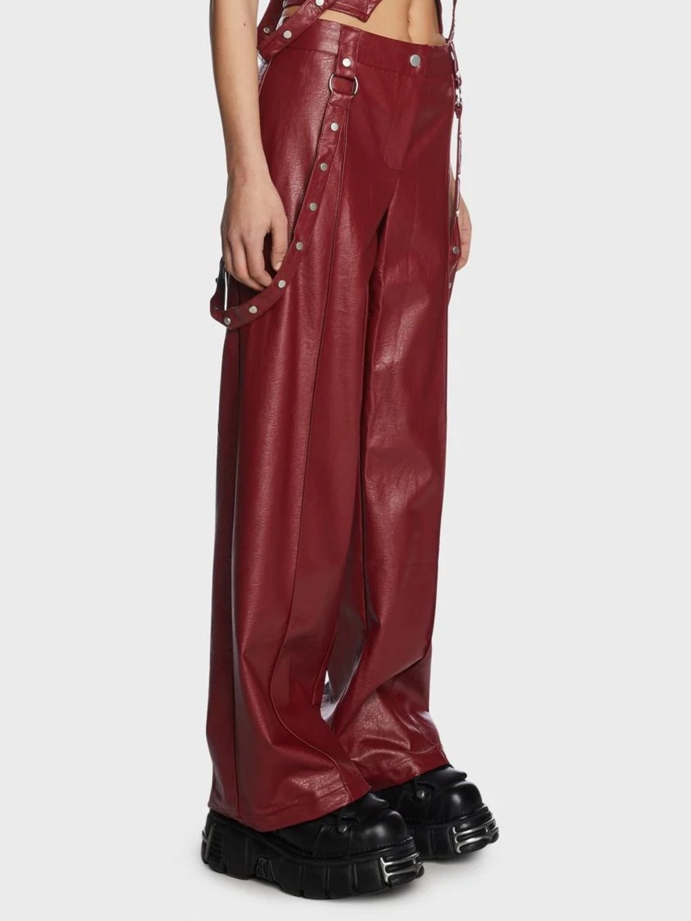 The Ragged Priest Red Faux Leather Wide-Leg Pants with Strap Details
